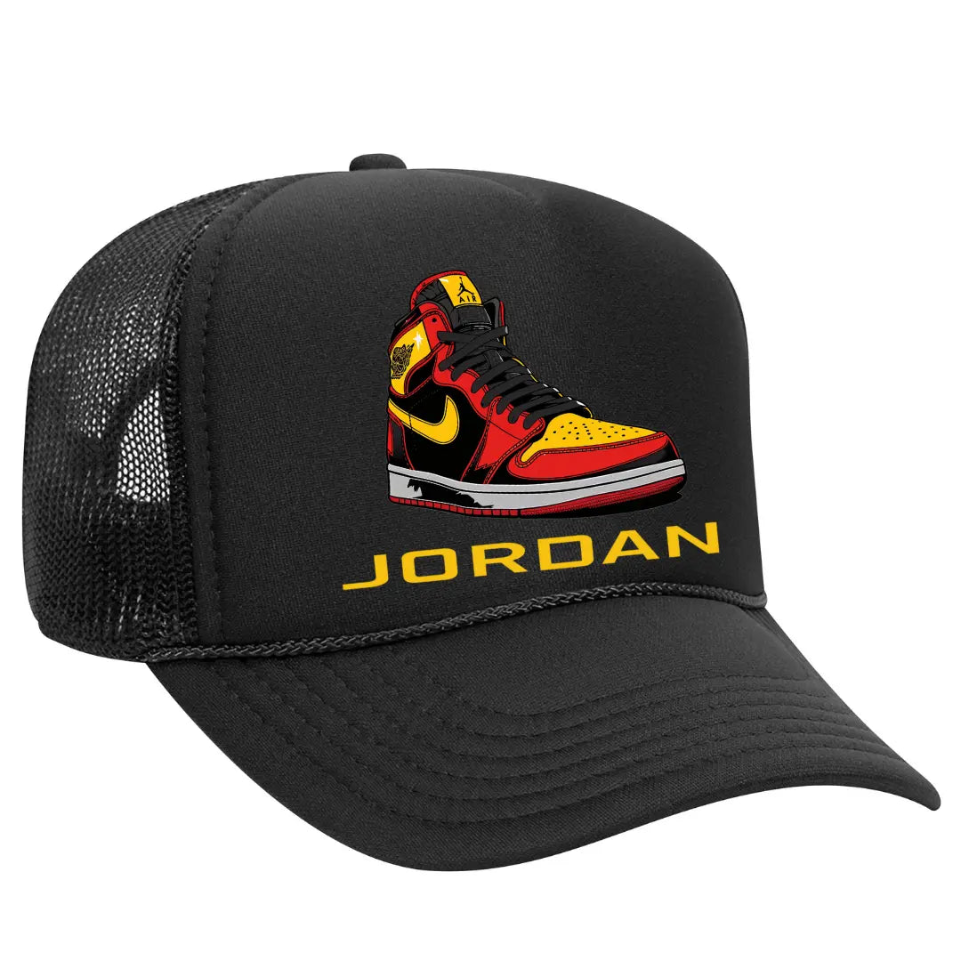 Fly High in Style: Air Jordan Black Trucker Snapback Hat Red, Black, & Blue - Black Threadz