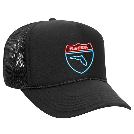 Stylish Black Trucker Hat with Florida Interstate Sign – Premium Mesh Back Cap for Sunshine State Enthusiasts - Black Threadz