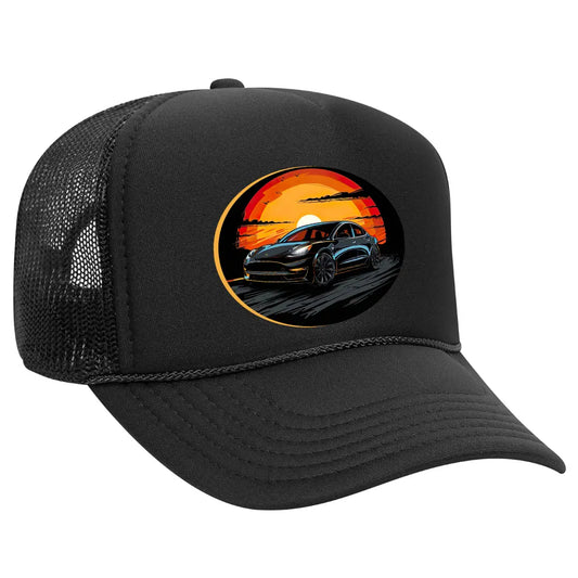 Sleek Black Trucker Hat for Tesla Model Y Enthusiasts - Black Threadz