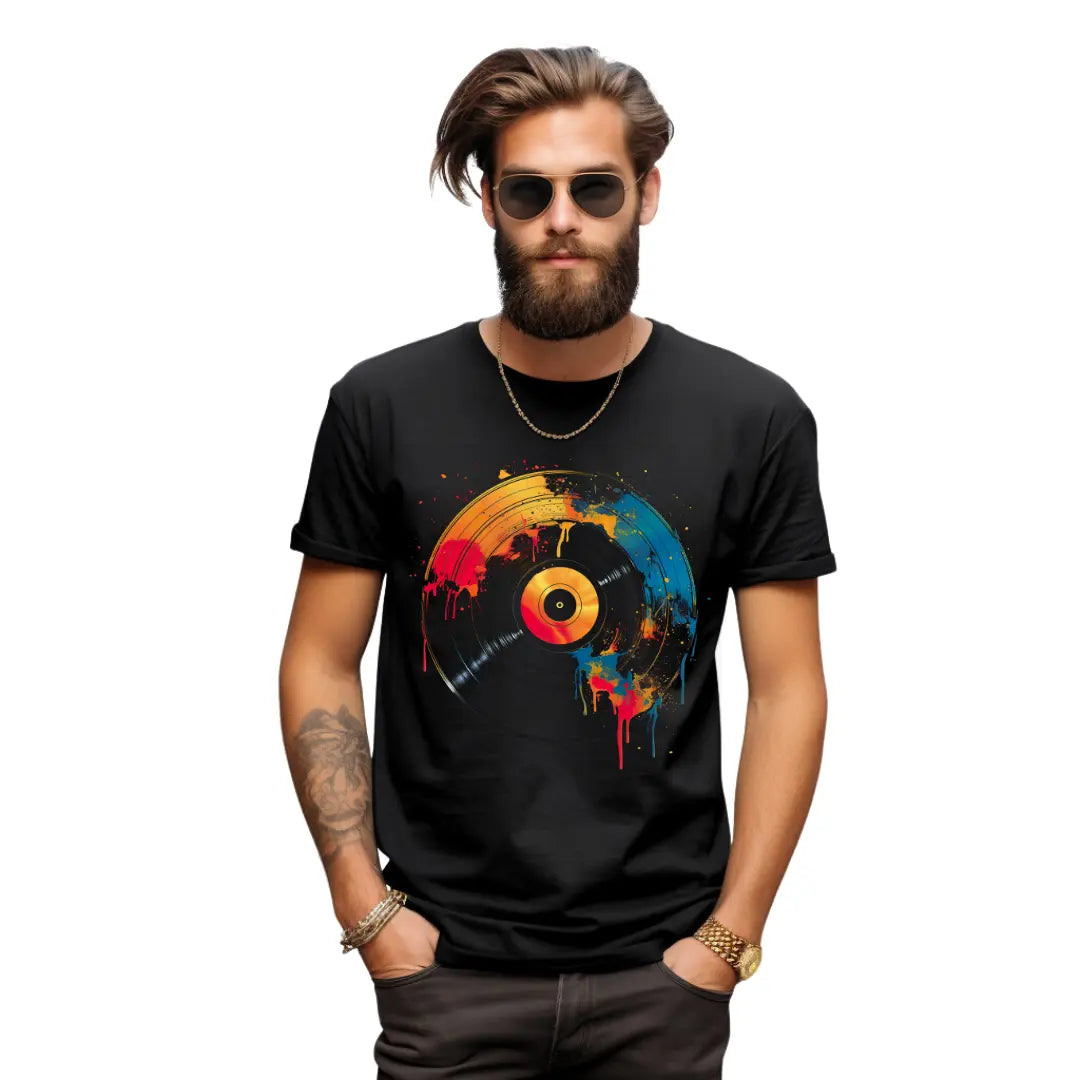 Abstract Colorful Record T-Shirt: Groove in Style with Vibrant Flair - Black Threadz
