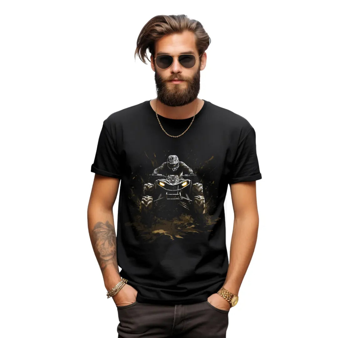 Man on ATV Going Through Mud T-Shirt: Embrace Off-Road Adventure in Style - Black Threadz