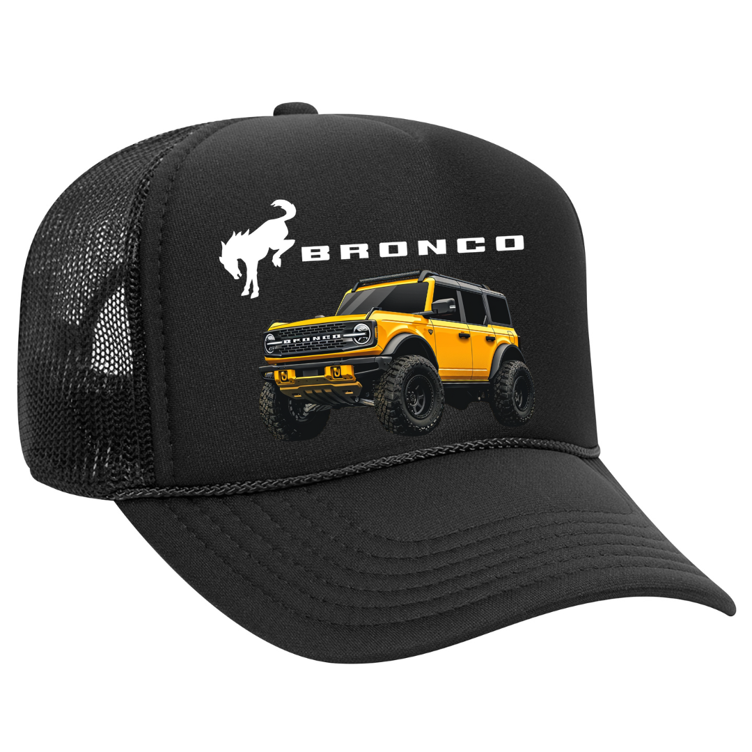 Black trucker hat with Ford Bronco graphic on a white background