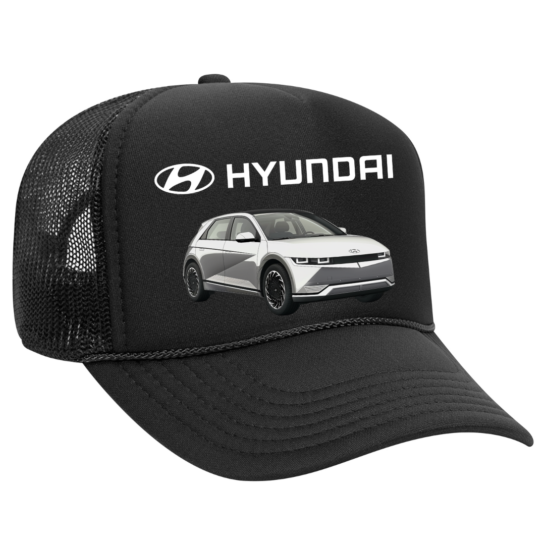 Black cap with Hyundai logo and car illustration on a white background