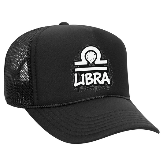 Black trucker cap with Libra zodiac symbol on a white background