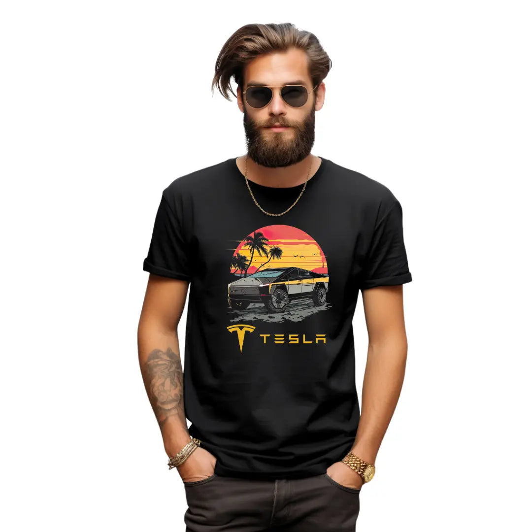 Cybertruck Beach Scene Tee - Stylish Electric Vehicle Design on Premium Black Shirt - Black Threadz