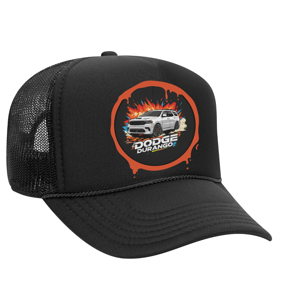 Side angle of Dodge Durango snapback trucker hat showing structured front panel