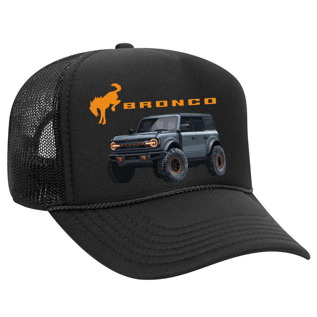 Black trucker hat with Ford Bronco graphic on a white background