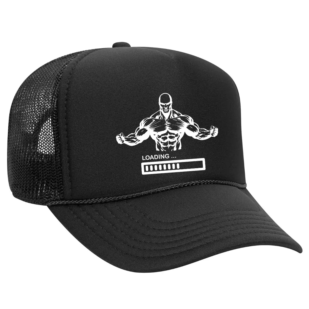 Premium Black Trucker Gym Fitness Hat with "Loading" and Muscular Body Design – Motivational Mesh Back Cap for Fitness Enthusiasts - Black Threadz