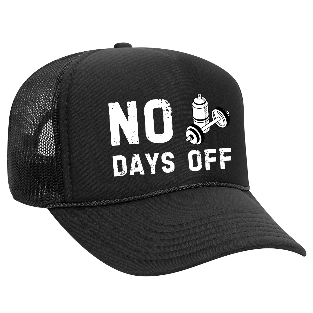 No Days Off Black Gym Fitness Trucker Hat with Sweatband - Best Workout Hat for Sweat