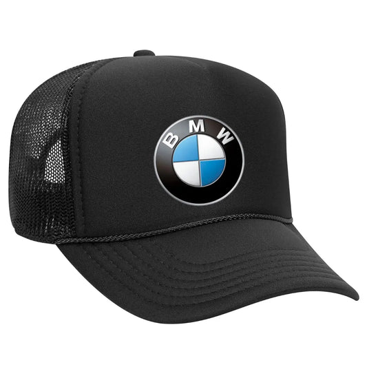 Elegant Black Trucker Hat with BMW Logo – Premium Mesh Back Cap for BMW Enthusiasts - Black Threadz