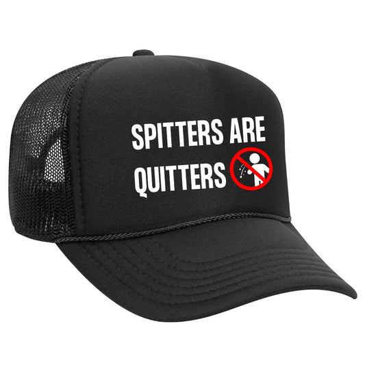 Bold Black Trucker Hat Spitters Are Quitters – Premium Mesh Back Cap for Fun-Loving Adults - Black Threadz