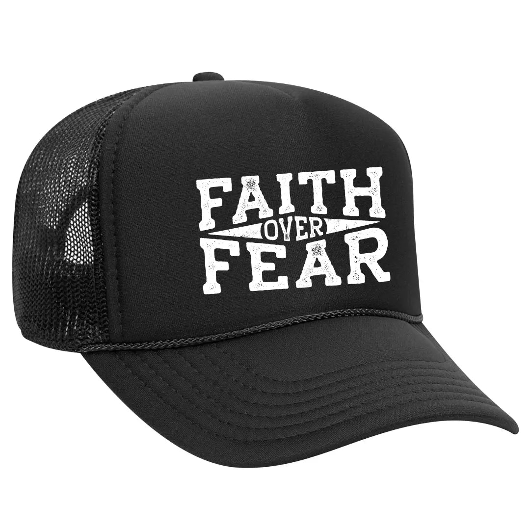 Find Strength in Style with Our Black Trucker Hat: "Faith Over Fear" Edition - Black Threadz