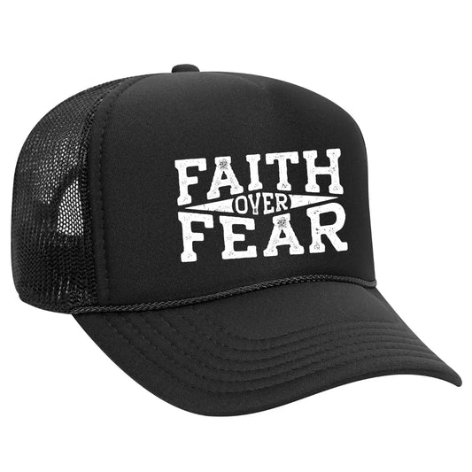 Find Strength in Style with Our Black Trucker Hat: "Faith Over Fear" Edition - Black Threadz