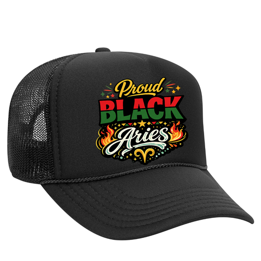 Proud Black Aries Trucker Hat – Bold Zodiac Snapback Cap | Melanin Pride Streetwear | Astrology Statement Hat | Adjustable Mesh Cap