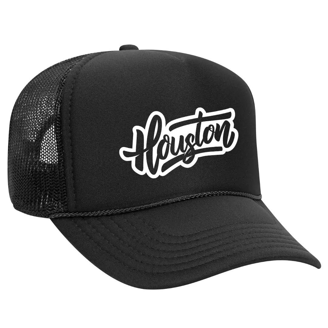 Trendy Black Trucker Hat with "Houston" – Premium Mesh Back Cap for Houston EnthusiastS - Black Threadz