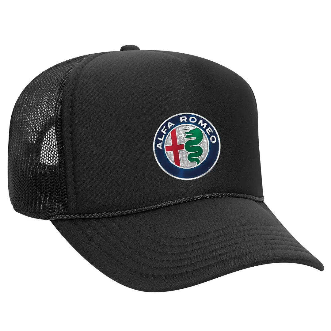 Ride in Style: Alfa Romeo Black Trucker Snapback Hat - Black Threadz