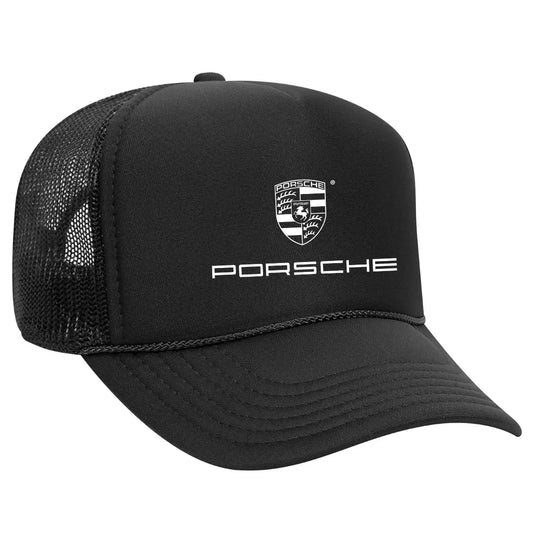 Speed and Style: Porsche Black Trucker Snapback Hat - Black Threadz