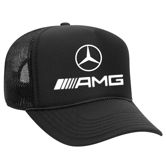 Sleek Black Trucker Hat with Mercedes-Benz AMG Logo – Premium Mesh Back Cap for AMG Enthusiasts - Black Threadz