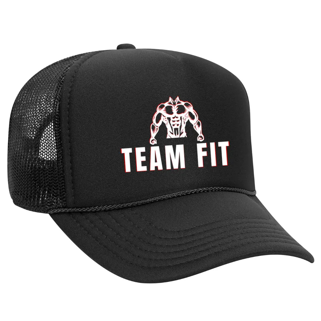 Premium Black Trucker Gym Fitness Hat with "Team Fit" – Stylish Mesh Back Cap for Fitness Enthusiasts - Black Threadz