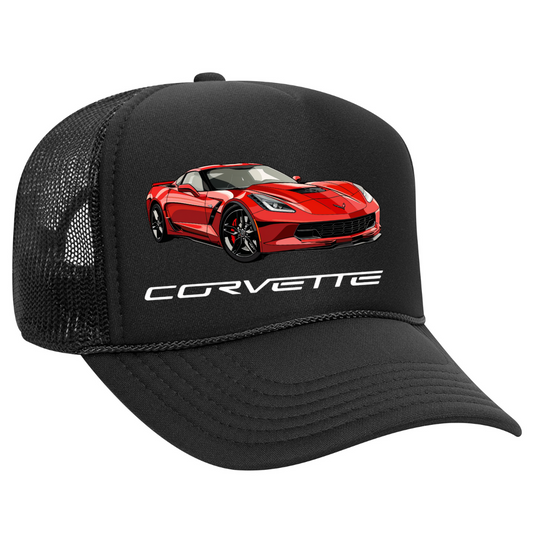 Black trucker cap with red Corvette car design on a white background