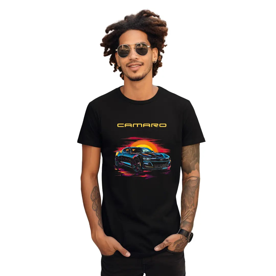 Chase the Horizon: Chevrolet Camaro Sunset Black T-Shirt - Black Threadz