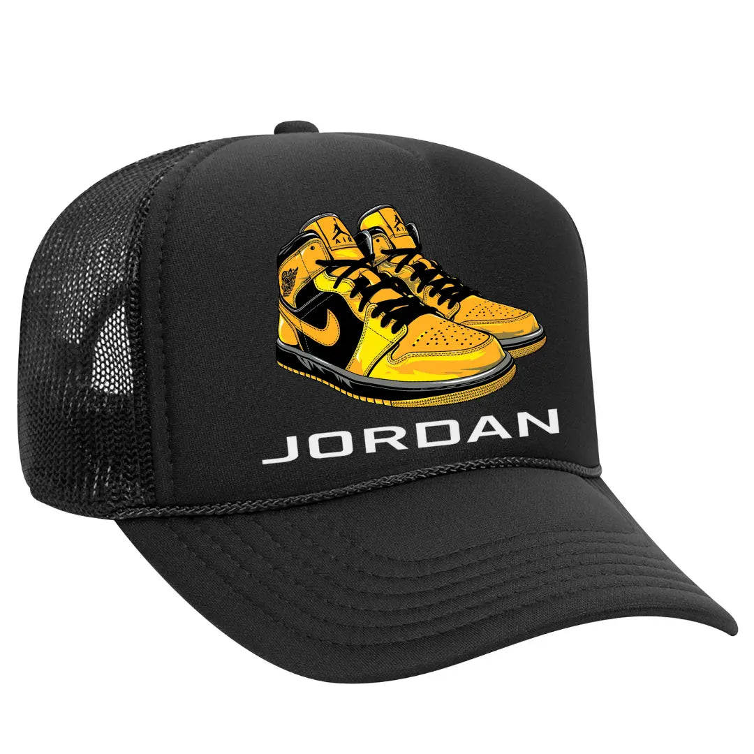 Fly High in Style: Air Jordan Black Trucker Snapback Hat Yellow and Black Black Threadz