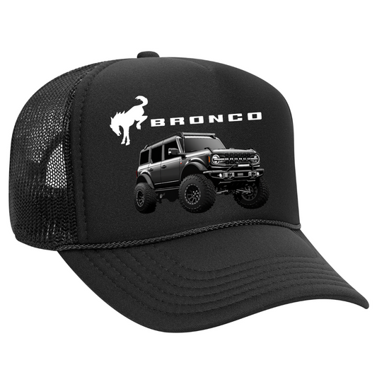 Black trucker hat with Ford Bronco graphic on a white background