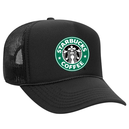 Stylish Black Trucker Hat with Starbucks Logo – Premium Mesh Back Cap for Coffee Lovers - Black Threadz