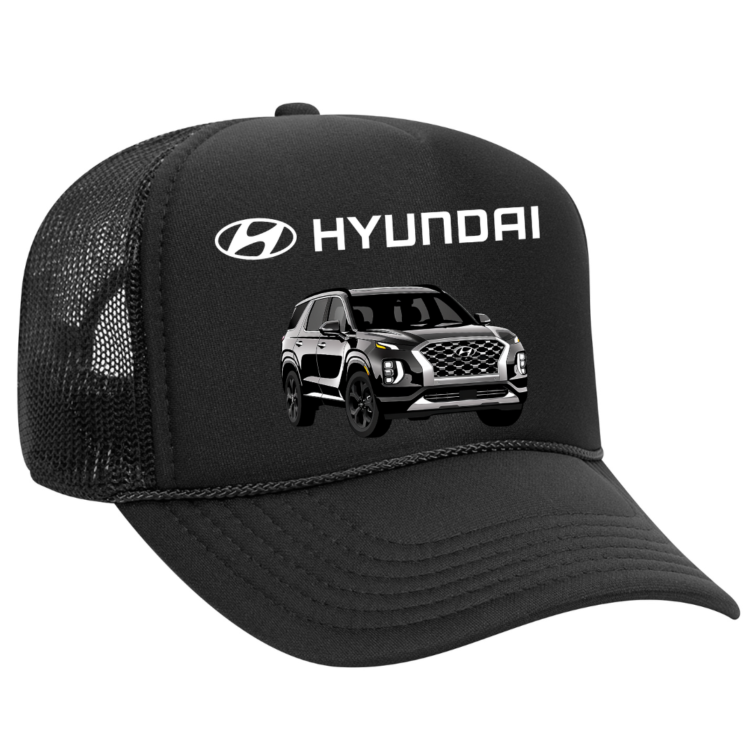Black cap with Hyundai logo and vehicle graphic on a white background