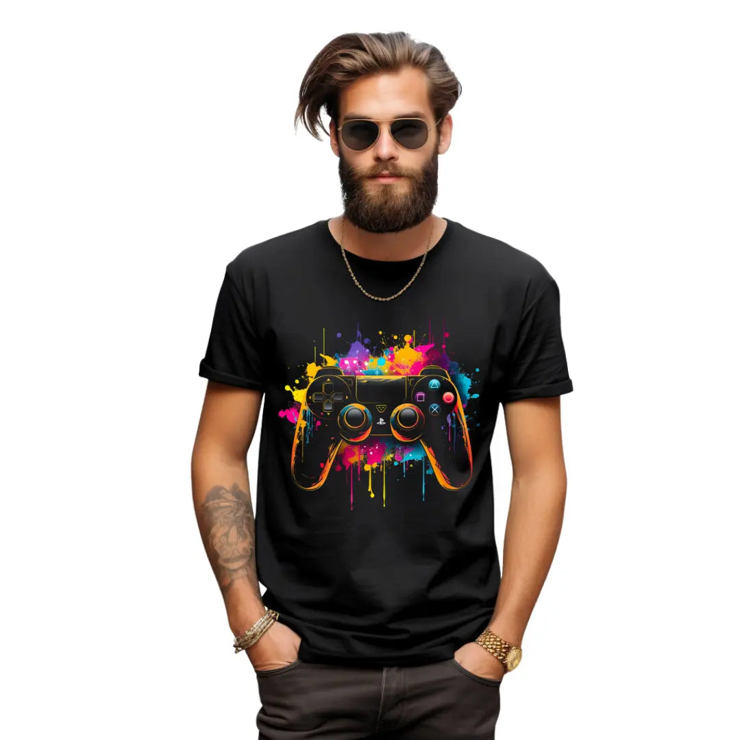 Abstract Multicolored PlayStation Controller T-Shirt: Gaming Artistry in Style - Black Threadz