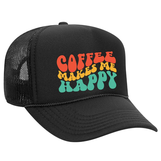 Stay Caffeinated and Stylish with Our Black Trucker Hat: "Coffee Makes Me Happy" Edition - Black Threadz
