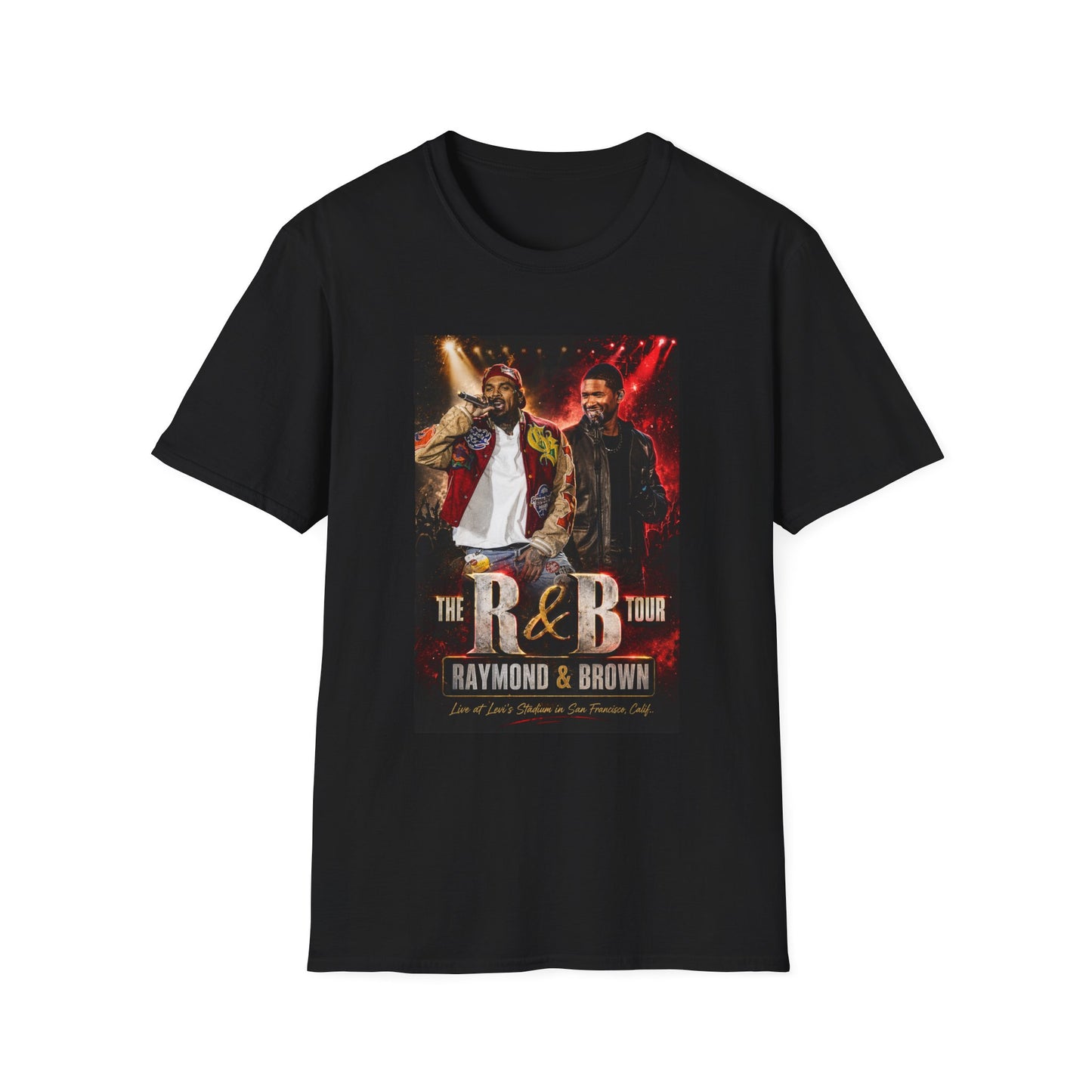 R&B Tour Raymond & Brown San Francisco concert t-shirt featuring two male R&B performers with neon stage lighting, bold urban streetwear design, and premium fan merch for San Francisco concert attendees