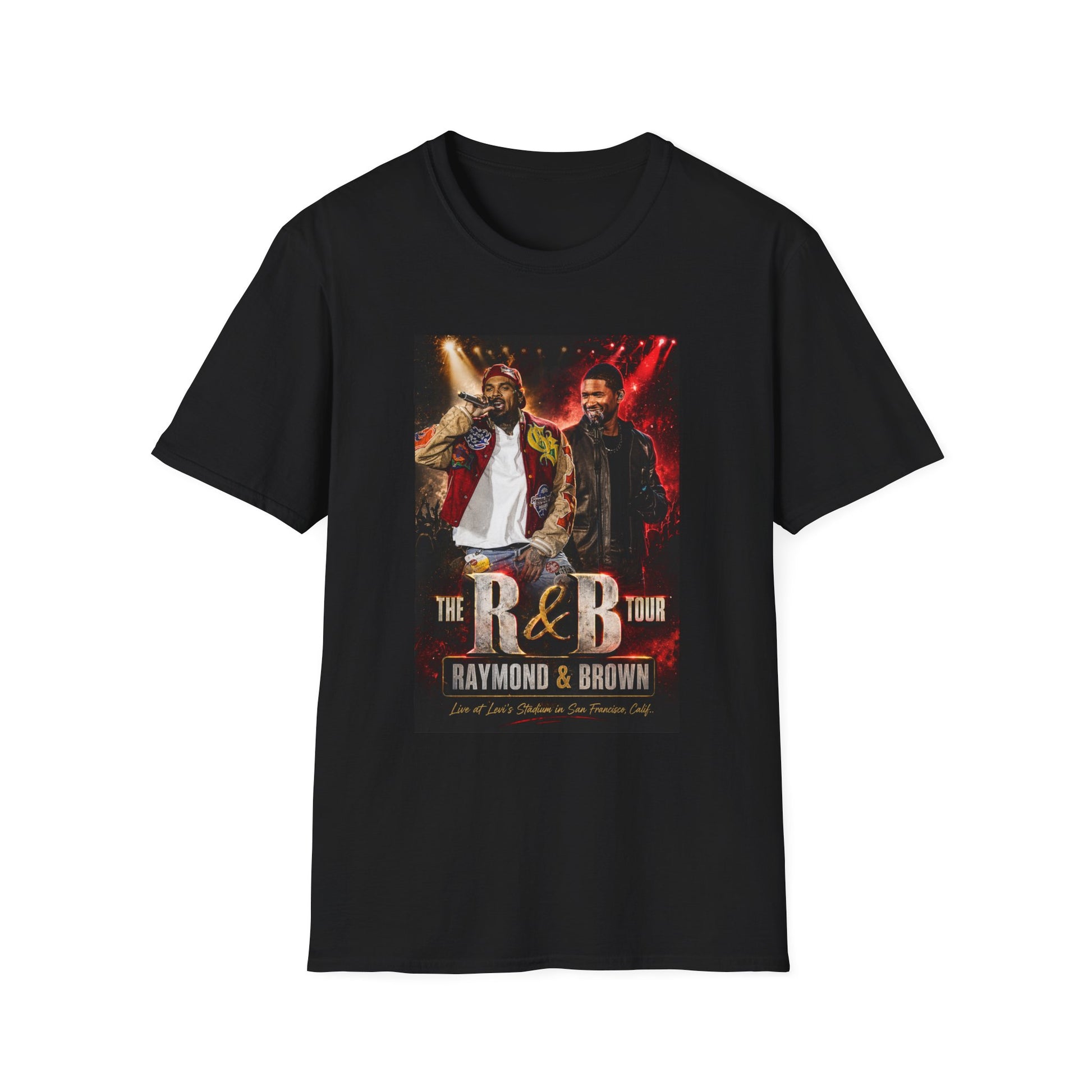 R&B Tour Raymond & Brown San Francisco concert t-shirt featuring two male R&B performers with neon stage lighting, bold urban streetwear design, and premium fan merch for San Francisco concert attendees