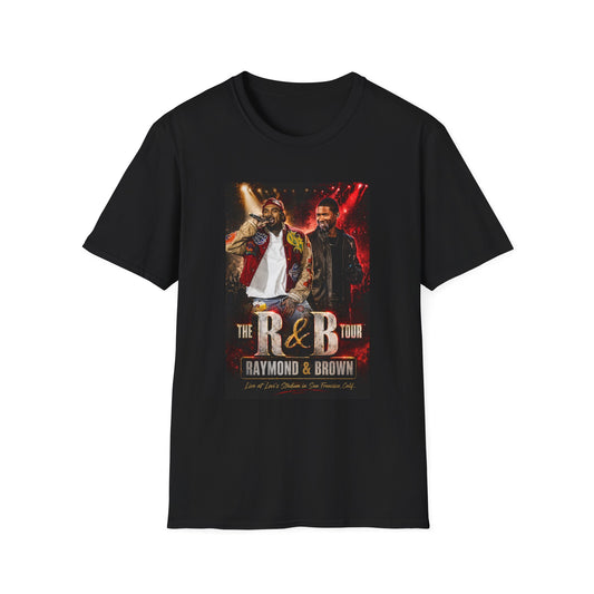 R&B Tour Raymond & Brown San Francisco concert t-shirt featuring two male R&B performers with neon stage lighting, bold urban streetwear design, and premium fan merch for San Francisco concert attendees