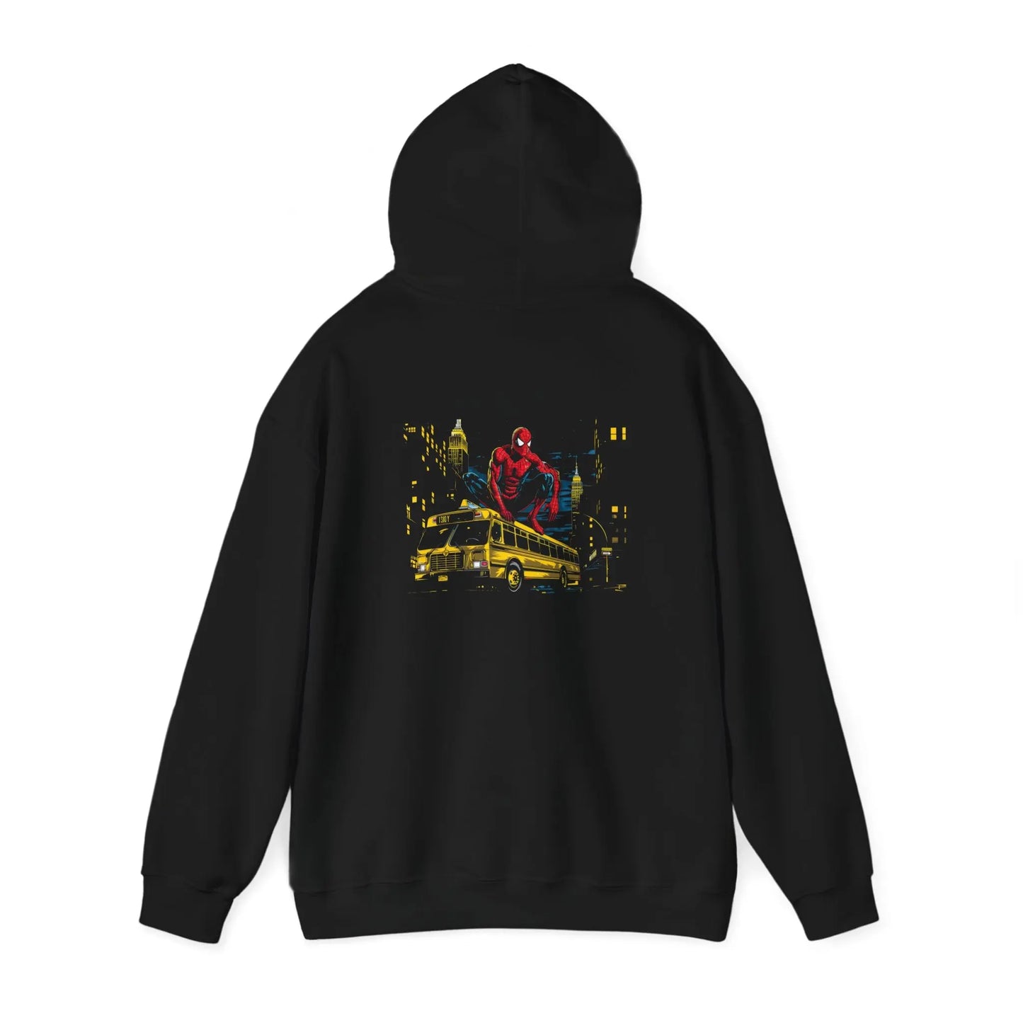 Swing into action with our Spiderman on Top of a Bus Black Hoodie! - Black Threadz