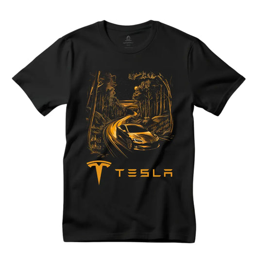 Sustainable Adventure: Tesla Model S on the Countryside T-Shirt - Black Threadz