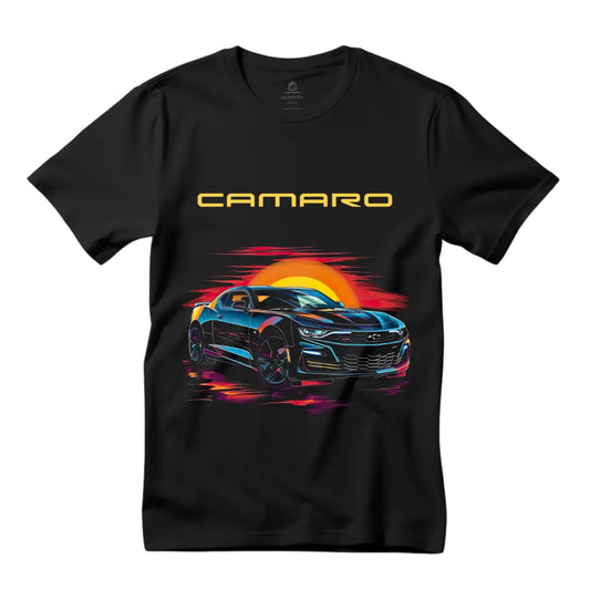 Chase the Horizon: Chevrolet Camaro Sunset Black T-Shirt - Black Threadz