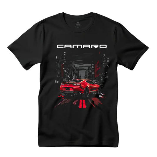 Urban Chic: Chevrolet Camaro Cityscape Black T-Shirt - Black Threadz
