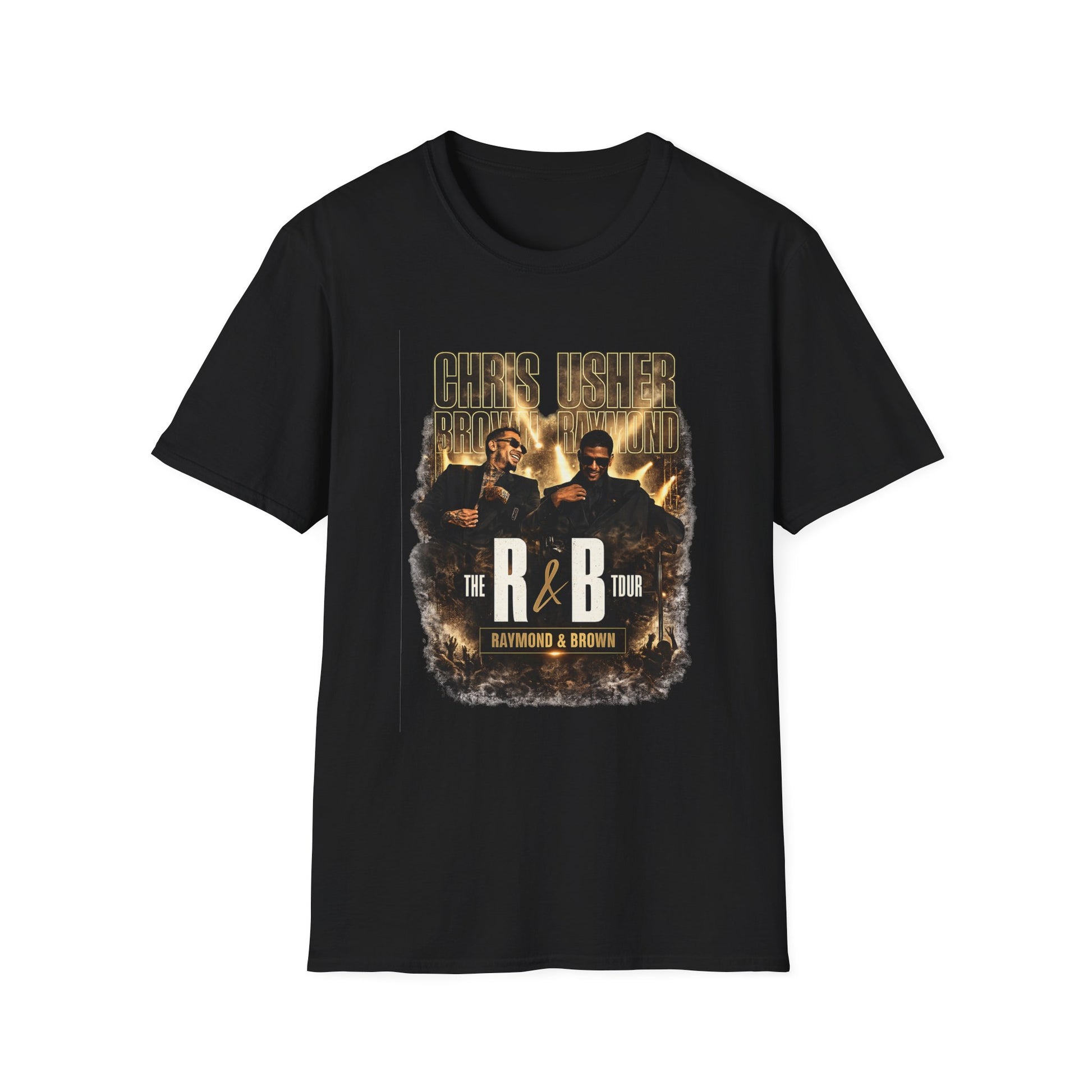 Premium R&B Tour Raymond & Brown concert t-shirt featuring two male R&B performers with neon stage lighting, urban streetwear design, bold “The R&B Tour” typography, perfect fan merch for live music concert outfit