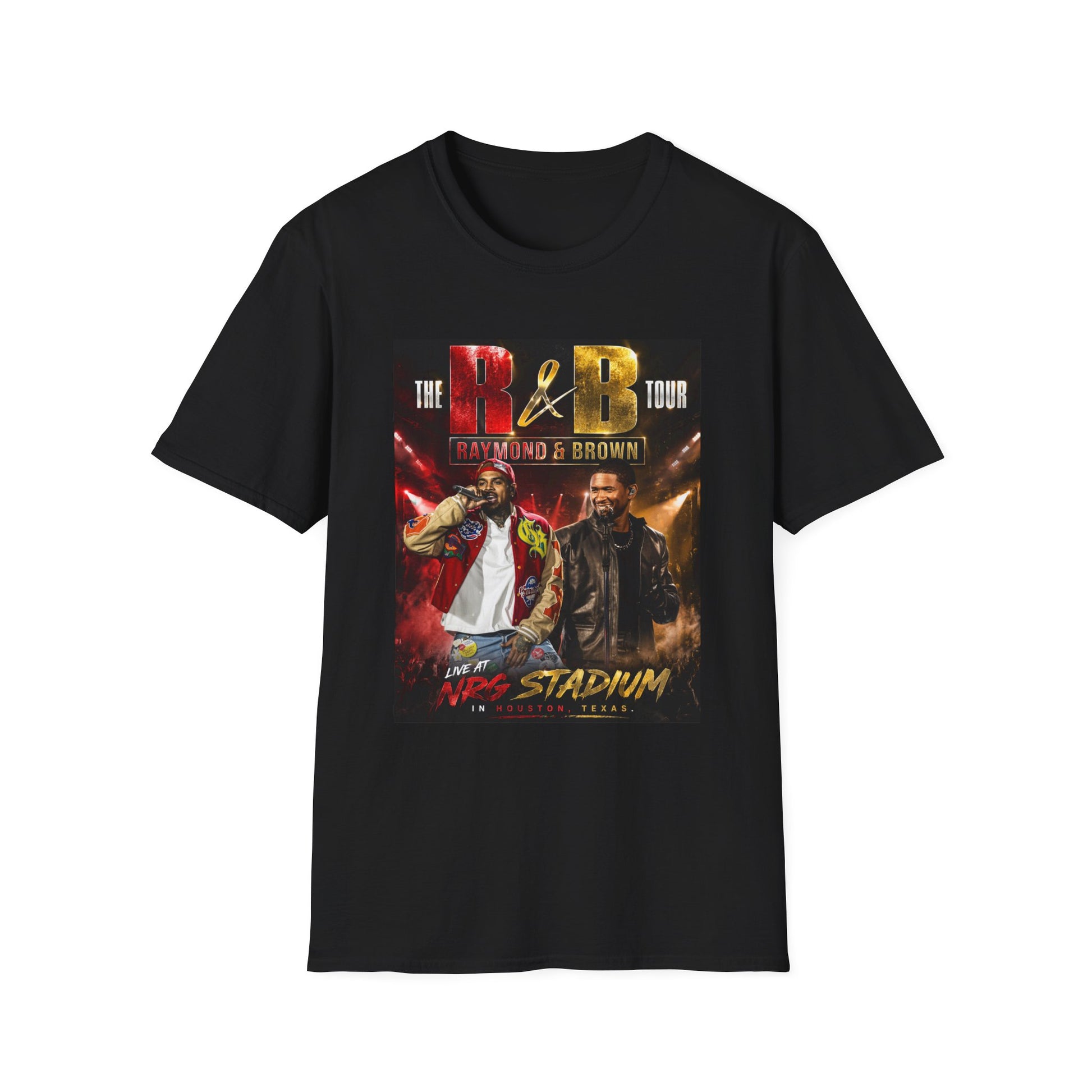R&B Tour Raymond & Brown Houston concert t-shirt featuring two male R&B performers with neon stage lighting, bold urban streetwear design, and premium fan merch for Houston concert attendees
