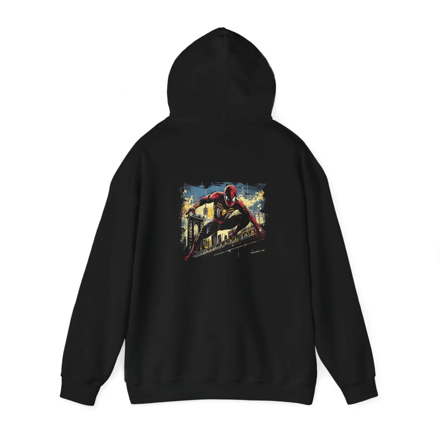 Spiderman Slinging Over a Bridge: Embrace Your Superhero Style with This Black Hoodie! - Black Threadz