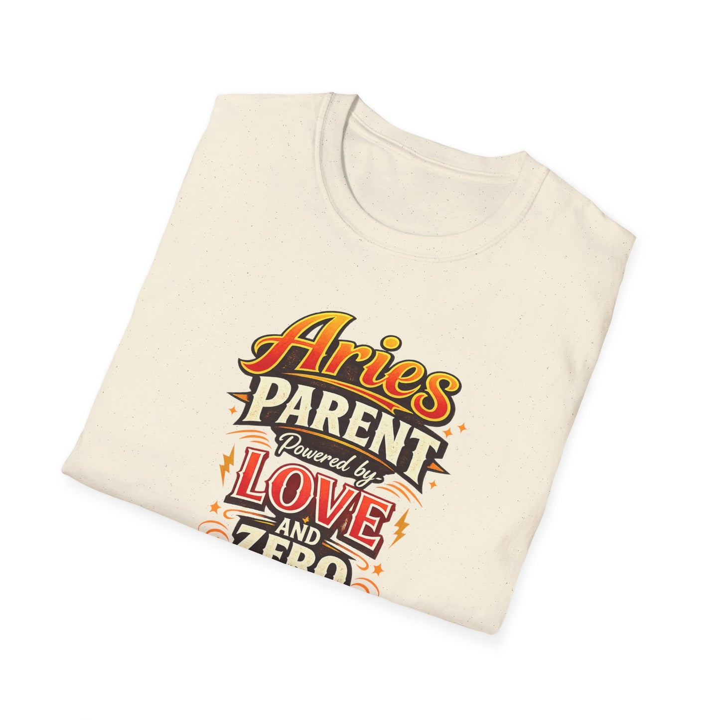 Aries Parent T-Shirt – Powered by Love & Zero Patience Funny Zodiac Mom Dad Tee | Bold Aries Personality Shirt | Astrology Gift