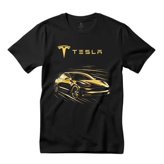 Golden Elegance: Tesla Model 3 in Gold T-Shirt - Black Threadz