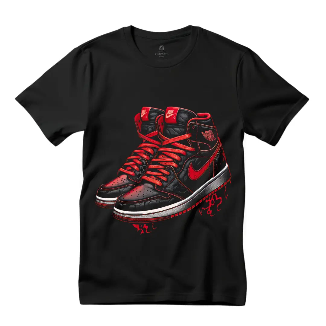 Retro Air Jordan Red & Black Sneaker T-Shirt: Fusion of Style and Iconic Design - Black Threadz