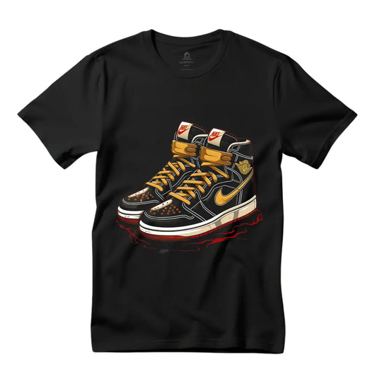 Retro Air Jordan Gold & Black Sneaker T-Shirt: Fusion of Style and Iconic Design - Black Threadz