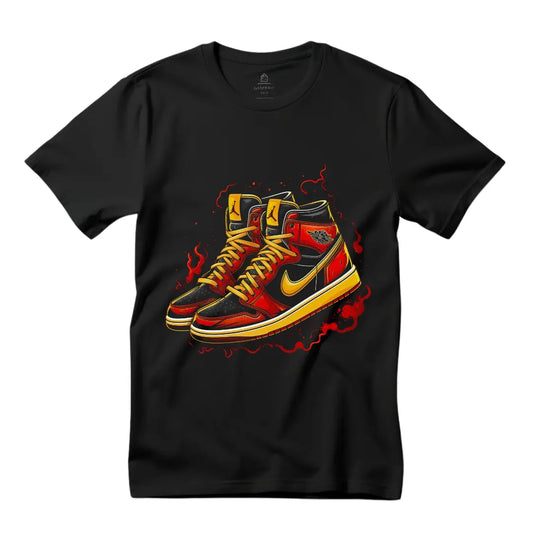Retro Air Jordan Red, Gold & Black Sneaker T-Shirt: Fusion of Style and Iconic Design - Black Threadz