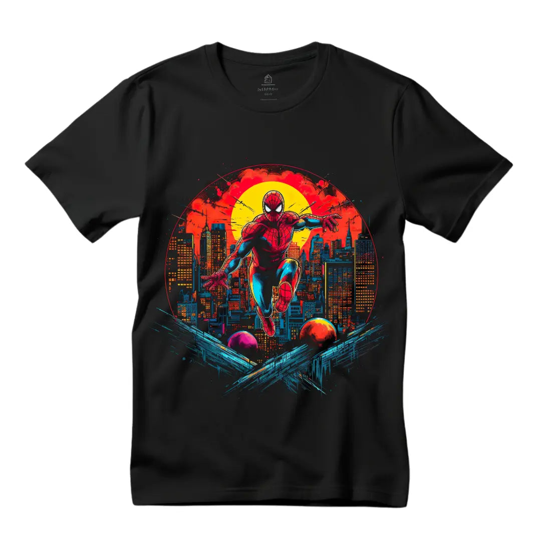 Spiderman Swinging Through the City T-Shirt: Embrace Superhero Style - Black Threadz