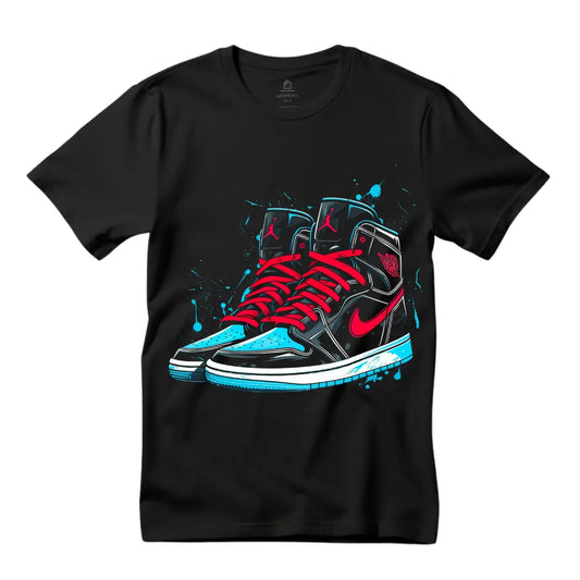 Retro Air Jordan Aqua & Black Sneaker with Red Laces T-Shirt: Fusion of Style and Iconic Design - Black Threadz