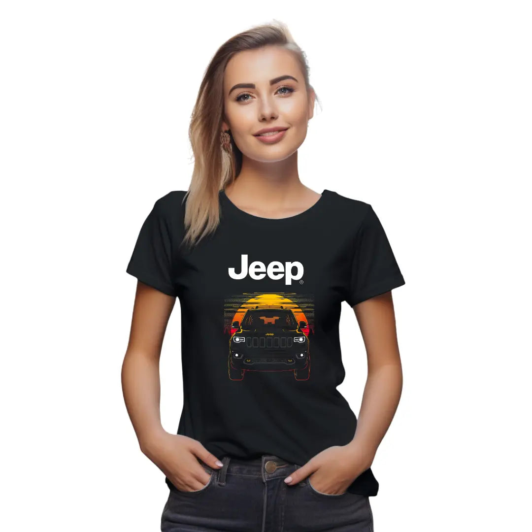 Grand Cherokee Sunset Silhouette T-Shirt - Premium Black Tee with Iconic Off-Road Vehicle Design" - Black Threadz