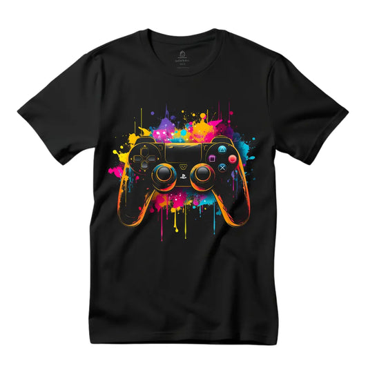 Abstract Multicolored PlayStation Controller T-Shirt: Gaming Artistry in Style - Black Threadz